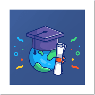 World, Graduation Hat And Bachelor Certificates Cartoon Posters and Art